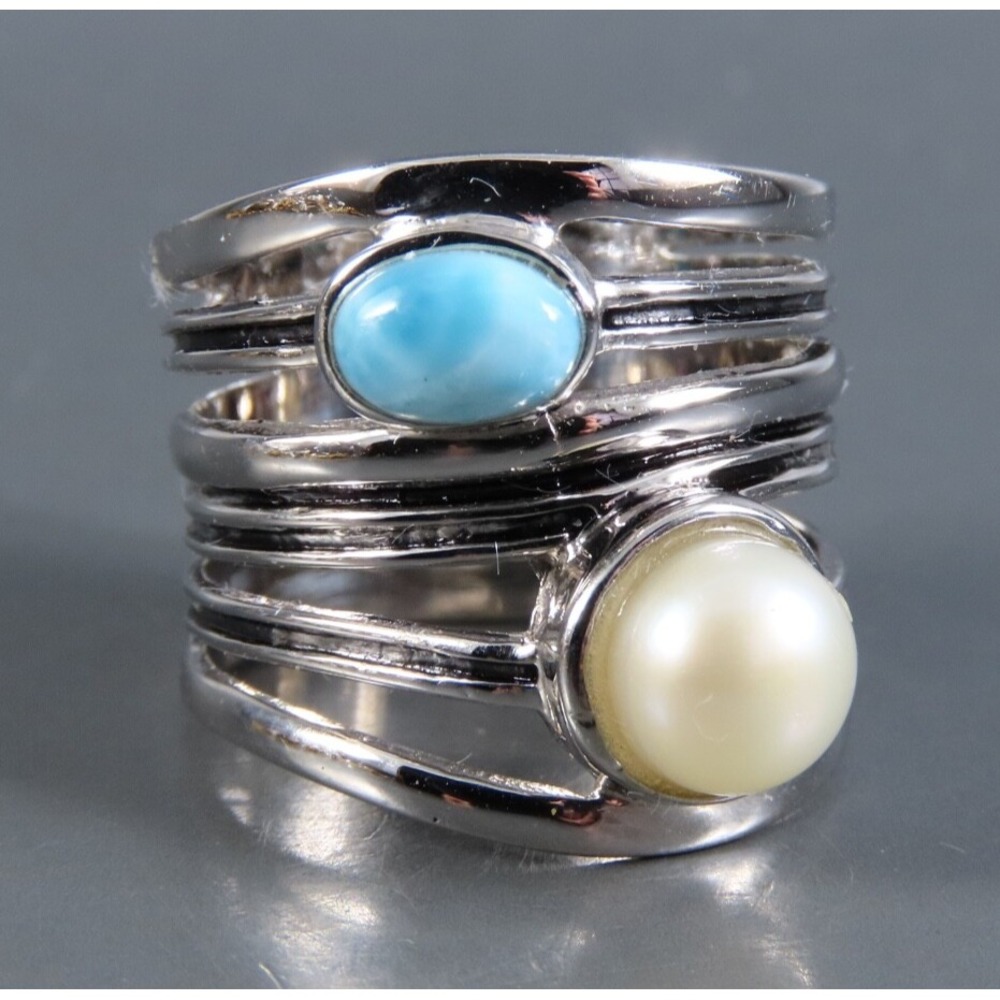 JTV/CFJ Sterling Silver Ring BLUE LARIMAR Cream Pearl WIDE STACKED BAND sz 6
